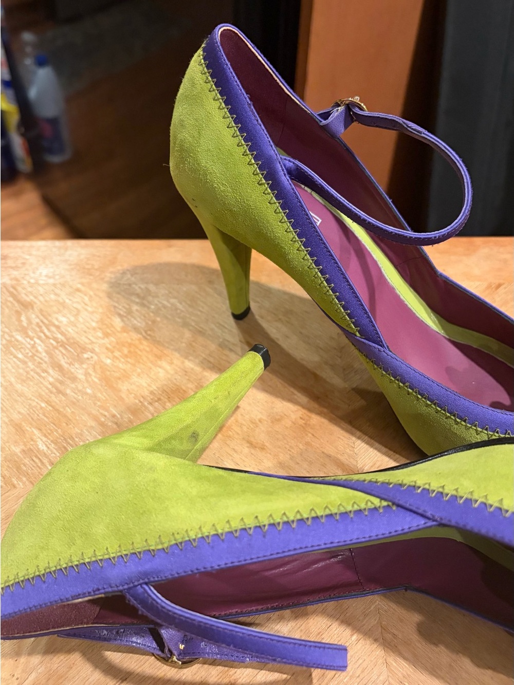 Etro Lime Green and Purple Suede Pointed Mary Jane Pumps with Jeweled Brooch - Picture 10 of 16